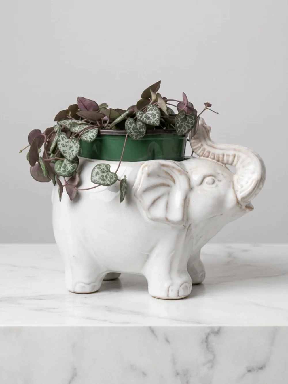 McCoy USA Antique Elephant Texted Green Planter With Dish Vase Flower Pot